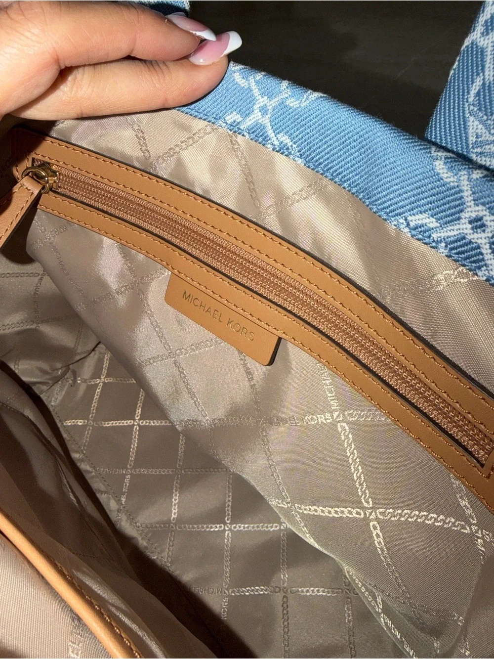Michael Kors Light Blue Signature Canvas Tote with Tan Strap and wallet